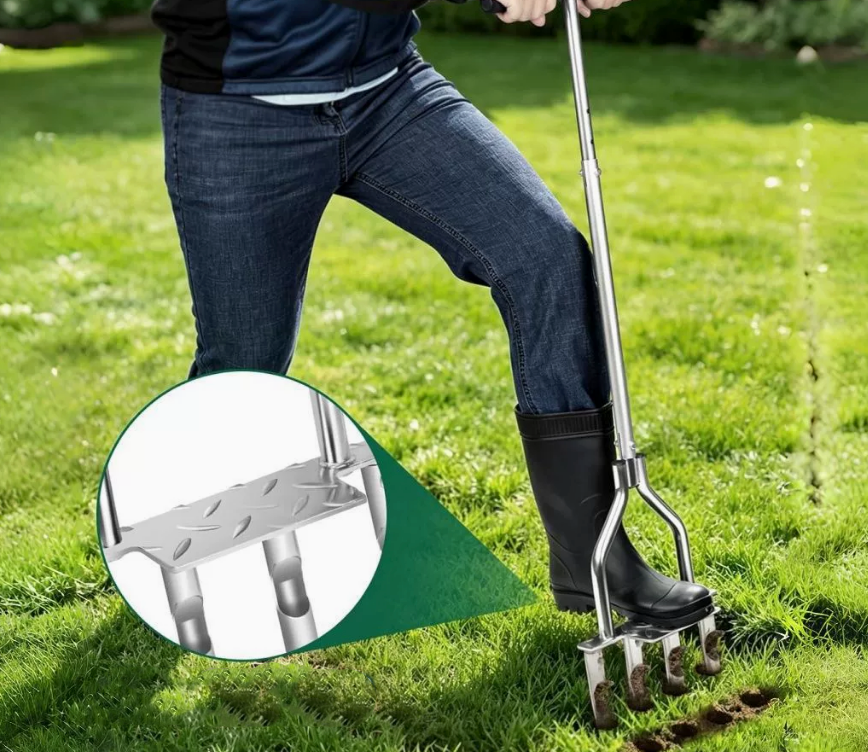 Lawn aerator tool with 4 nails, patio and turf aerator with extra-wide foot pedal.