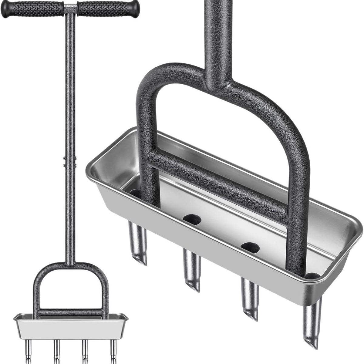 Stainless steel lawn core extractor, manual lawn aerator with storage tray, hole drill, soil turner, soil loosener