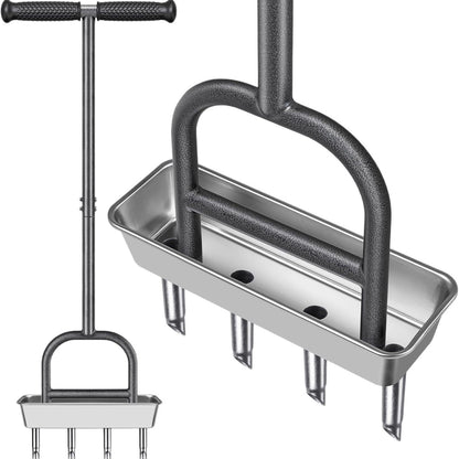 Stainless steel lawn core extractor, manual lawn aerator with storage tray, hole drill, soil turner, soil loosener