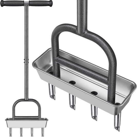 Stainless steel lawn core extractor, manual lawn aerator with storage tray, hole drill, soil turner, soil loosener