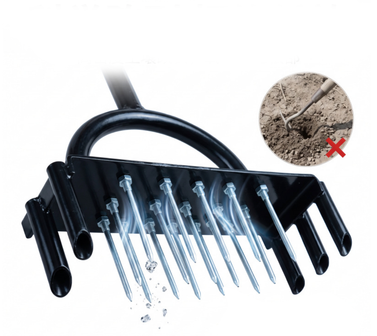 Aeration machine, lawn oxygenator, steel rake, garden lawn loosening tool, soil loosener, soil turner
