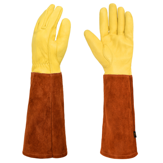 Cowhide Long-Length Heat-Resistant Gardening Gloves, Outdoor Floral Arrangement & Vegetable Planting Garden Gloves, Cut-Resistant Work Gloves
