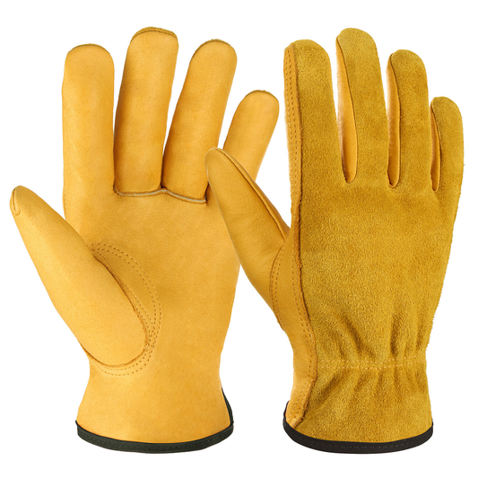Cowhide Labor Protection Work Gloves, Anti-Slip Wear-Resistant Truck Driving Mechanic Landscaping Anti-Puncture Gardening Gloves