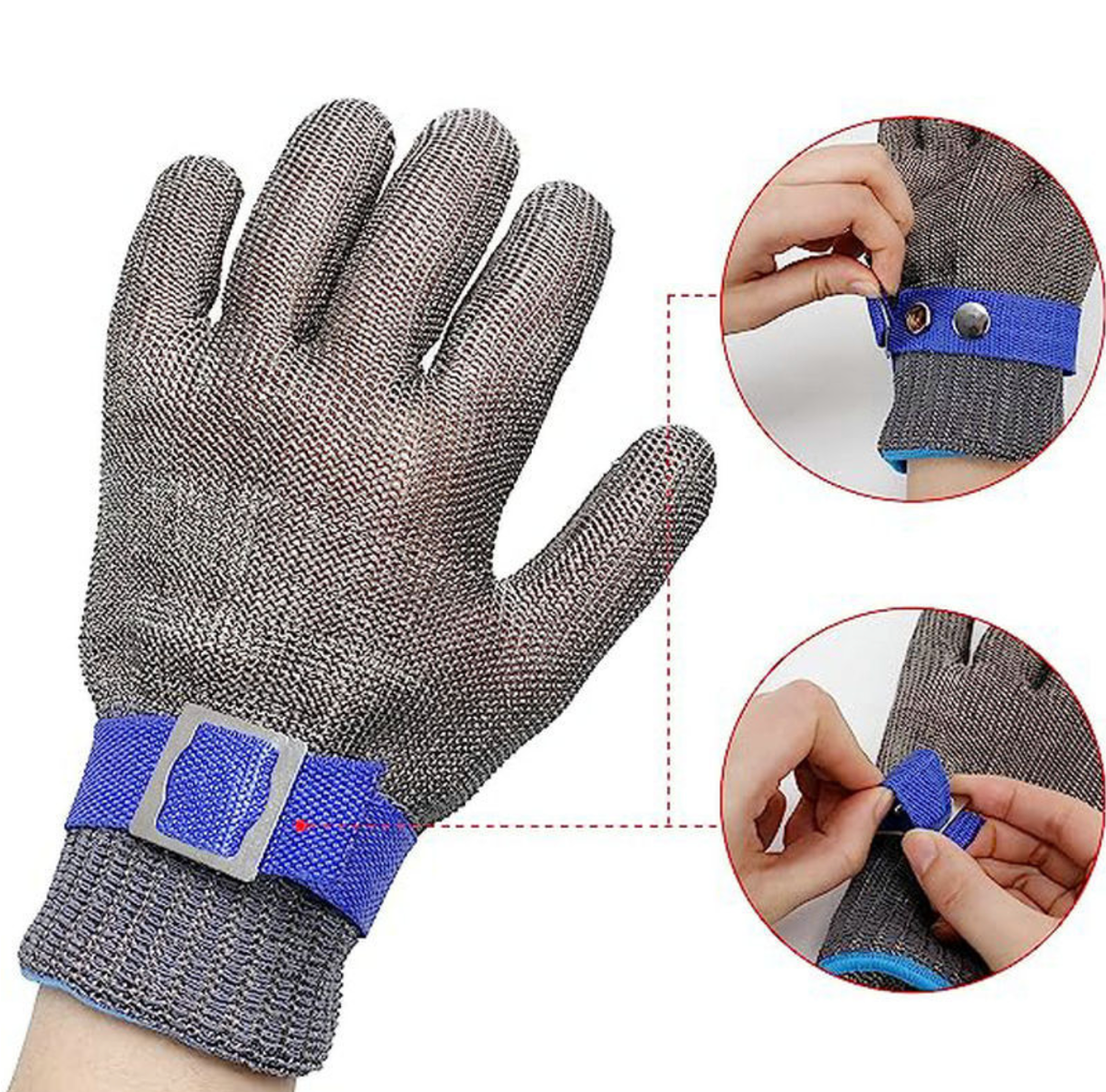 Kitchen Butchery Fish Cleaning Cut-Resistant Gloves, Level 5 Five-Finger Stainless Steel Mesh Anti-Cut Gloves with Metal Buckle, Gardening Glove