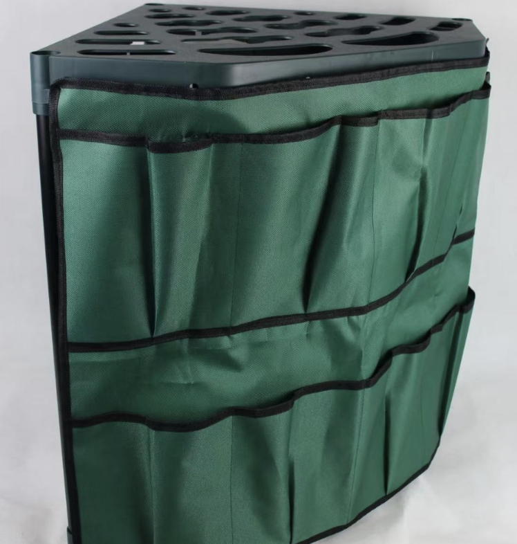 Sector-shaped tool rack with fabric bag storage solution